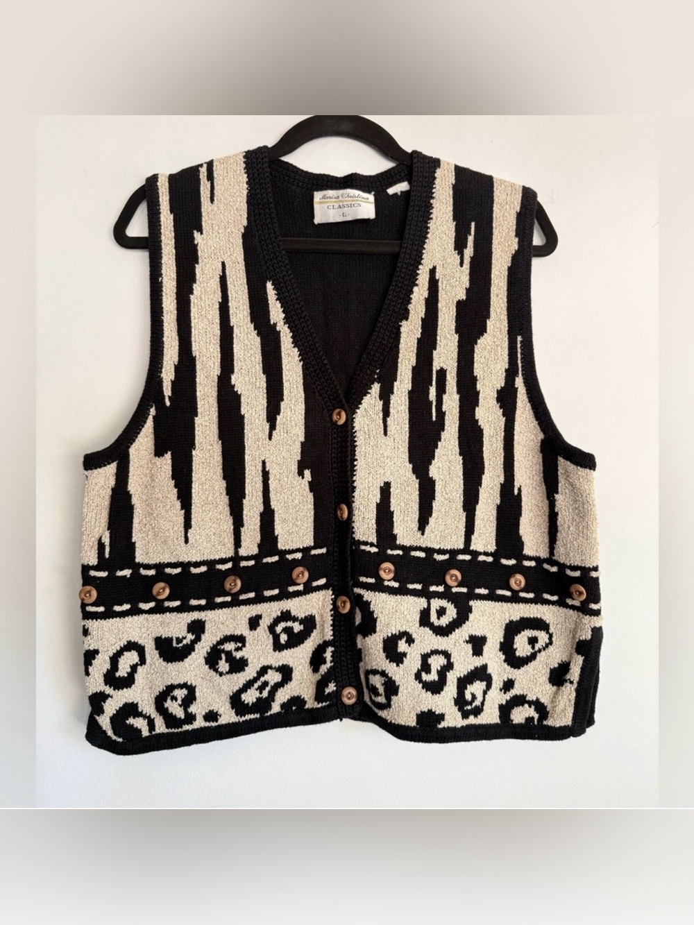 Vintage 90s Marisa Christina Vest Ramie Cotton Knit Animal Print Button Up L